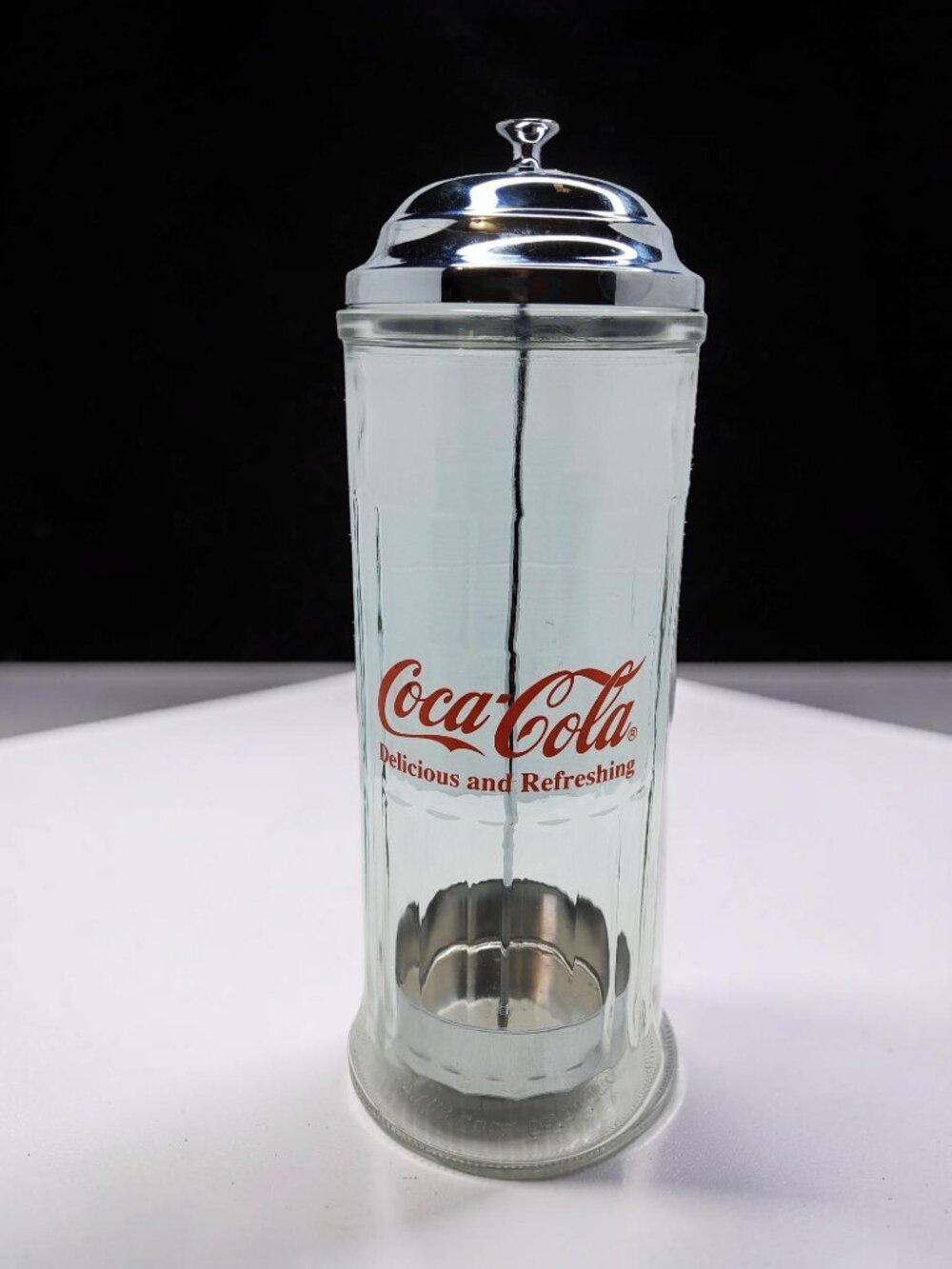 Vintage 1992 Coca-Cola Glass,Metal Lid Straw Dispenser Jar